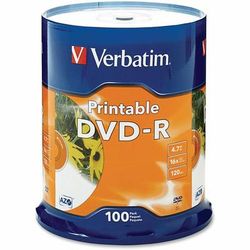 Verbatim 95153 DVD-R, 16x, 4.7GB, Inkjet Printable, 100/PK, White - Pack of 100 VER95153