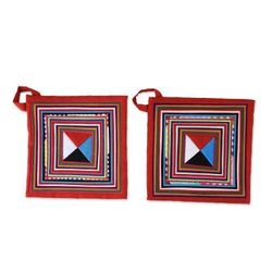 Lahu Cooking in Red,'Pair of Handmade Cotton Blend Trivets from Thailand'