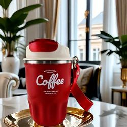 TEMU Stylish Stainless Steel Insulated Coffee Mug With Carry Strap - Portable & Durable For