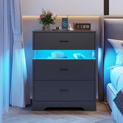 TEMU 1pc Black Nightstand With Led Light, Nightstand With Charging Station, End Side Table With 3 Drawers For Bedroom