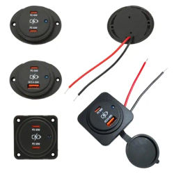 Dual USB Quick Charger QC 3.0 PD 60W Type C Socket Blue Led Rocker Switch DC 12V-24V Adapter for Car Motor Marine Boat Truck