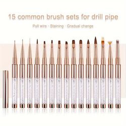 TEMU 15pcs Rose Art Brush Set With Rhinestone Handles - High-quality, Odorless Manicure Tools For Salon And Beginners