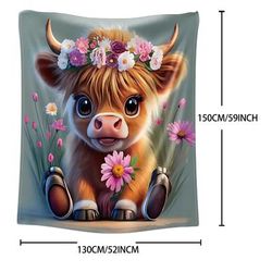 TEMU Cozy Highland Cow & Wreath Print Flannel Throw Blanket - Soft, Warm For Couch, Bed, Office, Camping, Plush Blanket