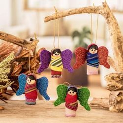 'Handmade Angel-Themed Wood and Cotton Ornaments (Set of 4)'