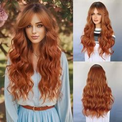TEMU Women's Orange Long Curly Wave Wig, Natural Look Synthetic Hair With Cap, 130% Density