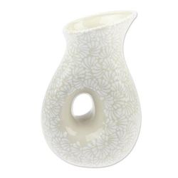 Idyllic Spring,'Handcrafted Floral Beige and Ivory Ceramic Pitcher'