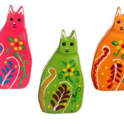 Guardian Kitten,'Vibrant Floral Ceramic Cat Statuette from Peru'