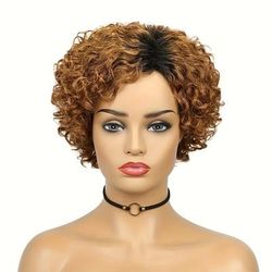 TEMU 6inch 1b/30 Brown Afro Curly Human Hair Wig Human Hair Short Water Wave Wigs.easy And Fast To Wear