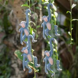 'Set of 4 Hand-Painted Blue Albesia Wood Monkey Ornaments'