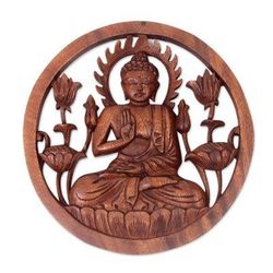 Blessing Buddha,'Carved Wood Relief Panel of Buddha with Brown Finish'