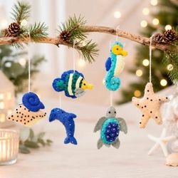 Seaside,'Ocean-Themed Glass Beaded 6-Piece Wool Felt Ornament Set'