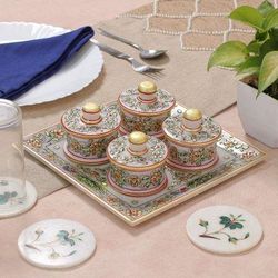 Gathering at the Garden,'Floral and Leafy Marble Tray and Covered Bowls (5 Pieces)'