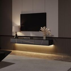 70.87"Modern Matte Sintered Stone Floating TV Stand with LED Lights,Black Wall-Mounted TV Console with Drawers with Adjustable Light