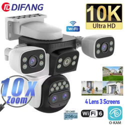 10K WiFi6 Outdoor Camera 20MP 10X Optics Zoom Three Screen Four Len PTZ Automatic Track 6K Dual Lens Waterproof Security CCTV