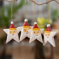'Painted Set of 4 Star-Shaped Albesia Wood Santa Ornaments'