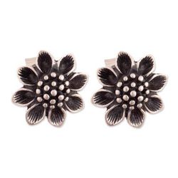 'Sunflower-Shaped Oxidized Sterling Silver Button Earrings'