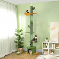 TEMU Floor-to-ceiling Cat Tree, 230-275cm Height Adjustable Cat Tower, 6-level Activity Centre For Indoor Cats With Scratching Posts, Cat House, Toy Ball, Green