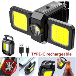 Mini Multifunctional LED Flashlight Keychain Light Double COB Lights USB Rechargeable with 90° Foldable Emergency Portable Light