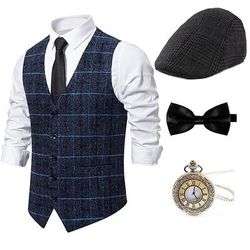 Anni Ruggenti Anni 1920 Retrò Vintage Abiti Gilet Set di accessori Gentiluomo Gangster Plaid A scacchi Costume Per uomo Costume di Carnevale 4 pezzi Halloween Carnevale Capodanno Mascherata Cocktail