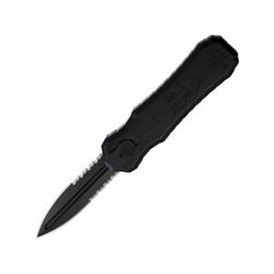 Piranha Knives Auto Excalibur Automatic Folding Knife 3.25in 154CM Dagger Double Edge Blade Partially Serrated Black DLC Black Aluminum Handle P-8BKTS