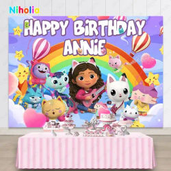 NIHOLIA Gabbys Dollhouse Girls Happy Birthday Party Photo Backdrop Cakey Cat Photography Background Vinyl Polyester Banner