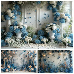 Blue Flowers Butterfly Photography Background Spring Garden Floral Sea Child Birthday Party Portrait Decor Backdrop Photo Studio