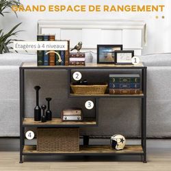 TEMU HOMCOM Table console table d'entrée bout de canapé style industriel avec 4 niveaux de rangement 3 étagères inférieures - acier et bois 99, 6 x 33, 6 x 74 cm