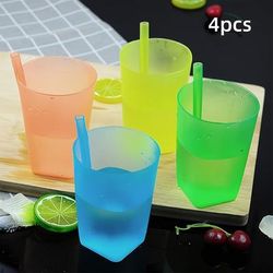 TEMU 2/4pcs Conjoined Straw Cup Anti-fall Household Juice Water Cup Plastic No-lid Water Cup