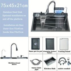 TEMU Waterfall Kitchen Sink, Single Bowl Kitchen Sinks, Waterfall Kitchen Faucet With Pull Down Sprayer, Nano Stainless Steel Sink With Multiple Functions, Gray