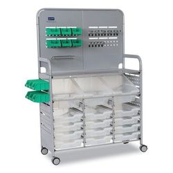 Gratnells Callero MakerSpace Trolley Set 01, Metal, 1 Shelf, 12 F1 Bins, 3 F2 Bins, 42.9" x 17.3" x 61.8", Silver/Translucent Frost (GTSMST014420)