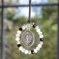 Saint Benedict in Elysium,'Black and White Crystal Beaded Saint Benedict Suncatcher'
