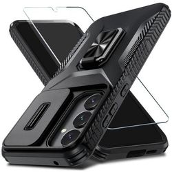 TEMU For Galaxy S24 Fe Case With Hd Soft Screen Protector & Slide Camera Cover & Rotated Ring Kickstand, Heavy Duty Protective Phone Cover, For S25 Ultra/s25/s25+/a26/a36/a56 -black