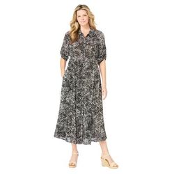 Plus Size Women's Roll-Tab Sleeve Crinkle Shirtdress by Woman Within in Black Ikat (Size 30 W)