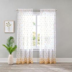 Wide Width Embroidered Voile Panel by BrylaneHome in Yellow Floral Eyelet (Size 52" W 63" L)