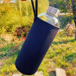 TEMU A 500ml/750ml/1000ml Borosilicate Glass Water Bottle With Cup Sleeve, Stainless Steel Pull Rope Lid, Leak-proof, And Freezer-proof, Suitable For Outdoor Sports And Travel