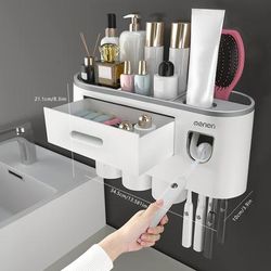 TEMU Wall-mounted Toothbrush Holder With 4 Cups, Large Capacity Tray & 2 Cosmetic Drawers - Includes Toothpaste Dispenser - Space-saving Bathroom Organizer Set