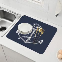TEMU 1pc Nautical Anchor Design Super Absorbent Drain Mat - Large, Non-slip, Machine Washable, Multi-use For Kitchen Countertops, Bathroom & Restaurant - Splash Resistant, Ideal For Coffee Stations