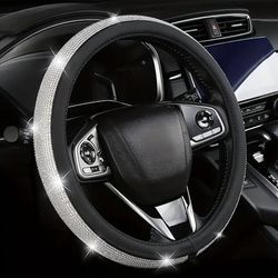 TEMU 1pc Bling Diamond Leather Steering Wheel Cover, Sparkling Rhinestone Universal -inch Wheel Protector With