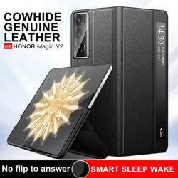 Genuine Leather Flip Cover for Honor Magic V2 Original Mirror Smart Touch View Wake Sleep Up