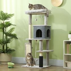 TEMU Cat Tree For Indoor Cats, 132cm Cat Tower With Scratching Posts And Pad, Cat Bed, Cat House, Jumping Platform, Grooming Brush, Toy Balls, Anti-tip Kit, Cat Climbing Frame, Light Grey