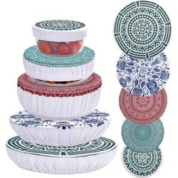 TEMU Set Of 5 Reusable Bowl Covers In Sizes Made From Stretchable Cloth Fabric, Designed For Elastic Food Storage. Ideal For Covering Dishes, Fruits, And In Kitchen Containers.