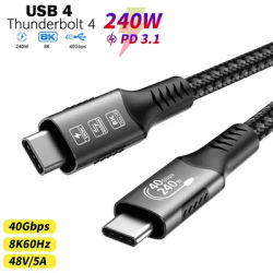 USB4 240W Type C Thunderbolt 4 Cable 40Gbps 8K 60Hz Full Function PD3.1 QC4.0 Fast Charging For