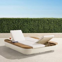 Hanalei Double Chaise Lounge with Cushions in Ivory Wicker - Standard, Restored Mediterranean Blue - Frontgate