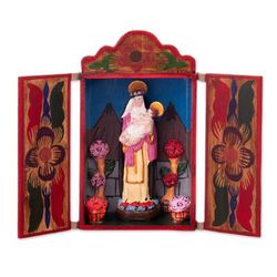 Saint Rose,'Hand-Painted Wood and Ceramic Saint Rose of Lima Retablo'