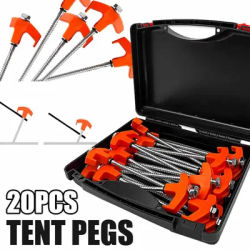20Pcs Outdoor Screw In Heavy Duty Drill Top Ground Pegs Awning Pegs Tent Pegs Kit +1Pcs Peg Drill Adaptor with Black Case