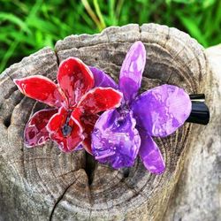 'Resin-Coated Red and Purple Natural Cattleya Bloom Hair Clip'