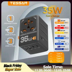 TESSAN GaN Universal Travel Adapter with Multiple USB Quick Charging International Plug Adapter 35W 65W Worldwide Power Outlet