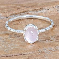 Delicate Branch,'Hammered Silver Solitaire Ring with Oval Rose Quartz Stone'