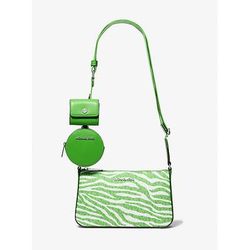 Michael Kors Jet Set Leather Medium Animal Print Logo Crossbody Bag with Case for Apple Airpods Pro® Green One Size