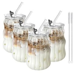 TEMU 4/6pcs Ribbed Glass Cups With Straw And Lid, Wave Shape Design Glassware 18oz, Ripple Drinking Glasses 18oz, For Iced Coffee, Latte, Water, Matcha, Juice